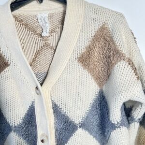 Sadie & Sage Cream, Tan & Blue Argyle Knit Cardigan